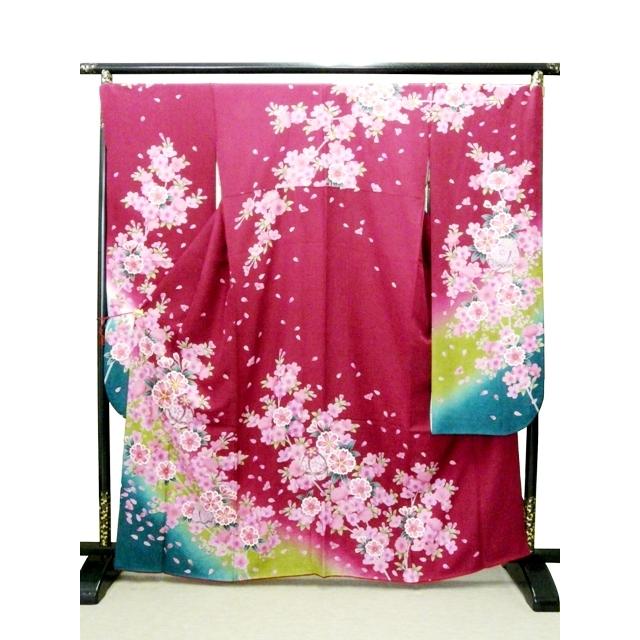 振袖 正絹 試着品 赤紫 八重桜 手毬 着丈162cm 裄70cm 仕立上り 048
