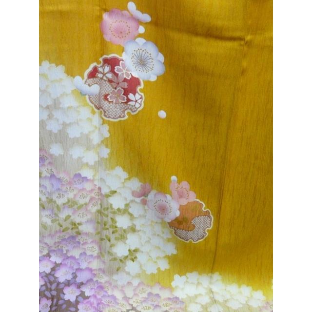 振袖　黄色系　桜　雪輪　鹿子模様　正絹 振袖 正絹 試着品 山吹色イエロー 桜吹雪 さくら 雪輪 金駒刺繍 金彩