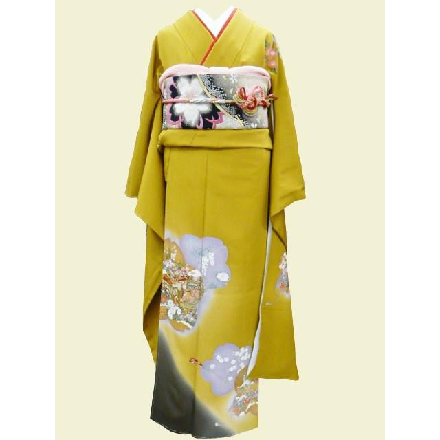 振袖 正絹 黄土色地に桜御所車 成人式 171仕立上 訳あり長尺 002 送料無料