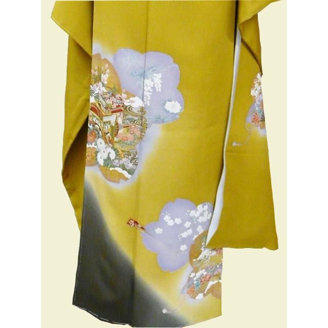 振袖 正絹 黄土色地に桜御所車 成人式 171仕立上 訳あり長尺 002 送料無料_3