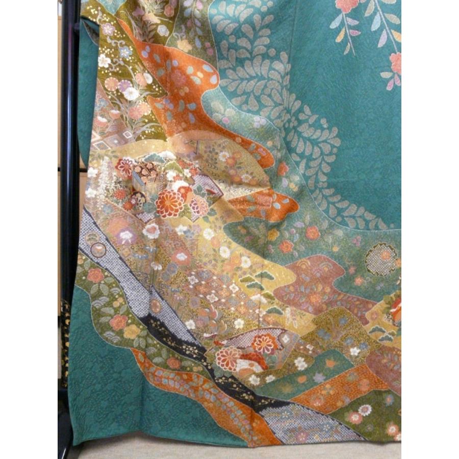 美品 正絹 振袖 綸子 緑色 最高級古典柄振袖 関芳/最高級金彩刺繍