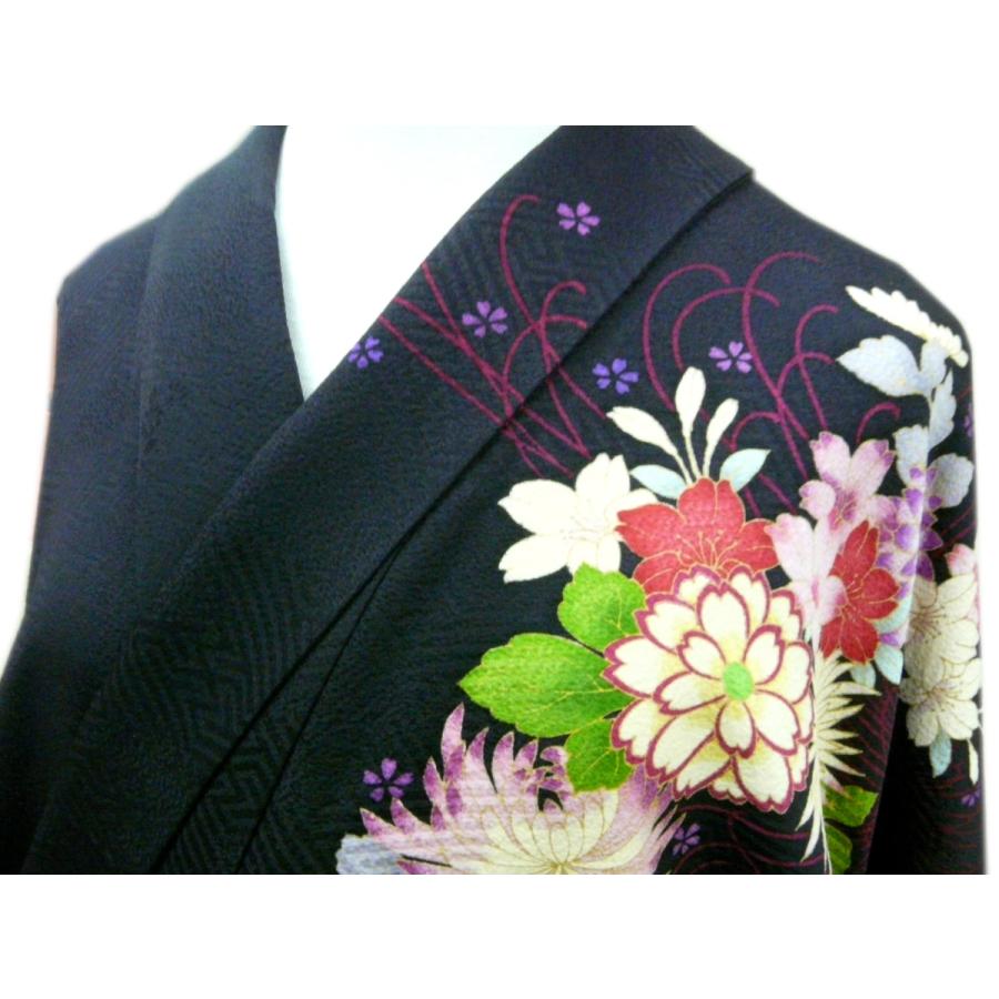 振袖 正絹 試着品 黒地 花柄 着丈172cm 裄69cm 仕立上り 026 送料無料 