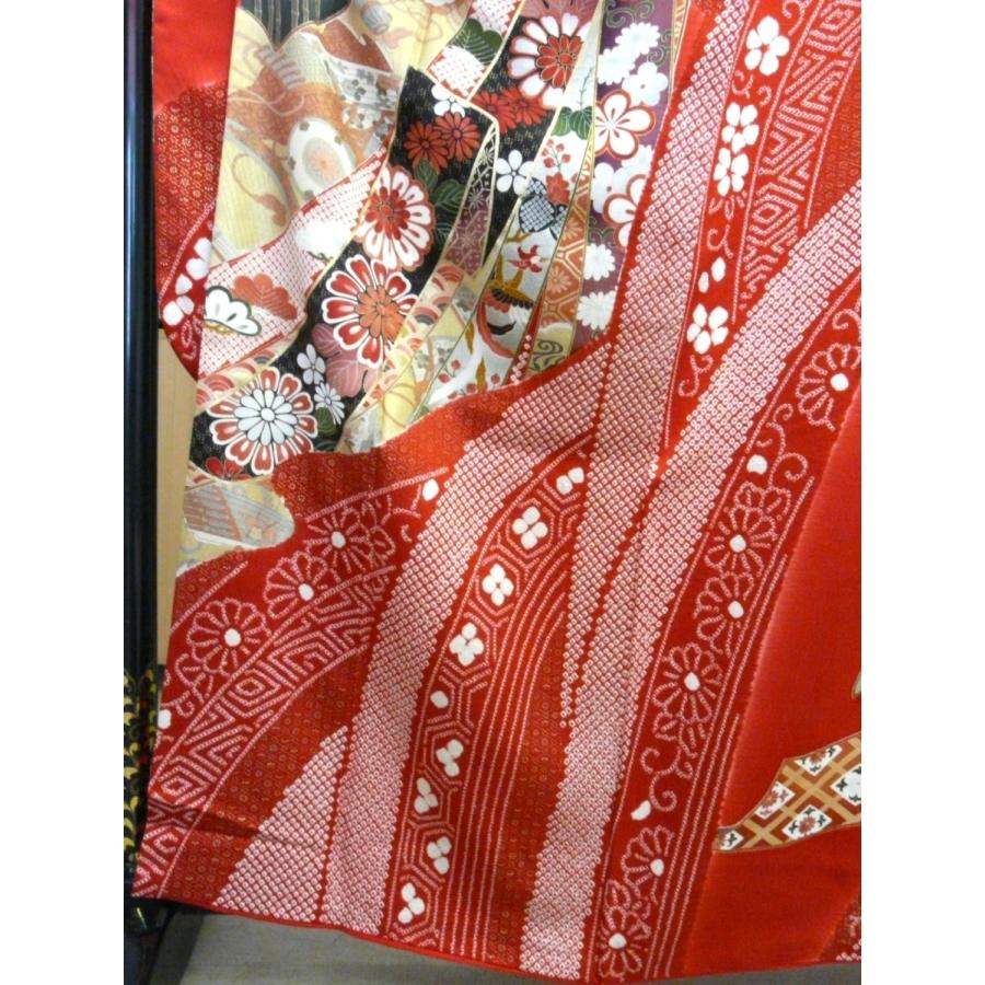 振袖 正絹 試着品 朱赤 古典柄 鹿の子絞り 松竹梅 リンズサヤ 着丈 