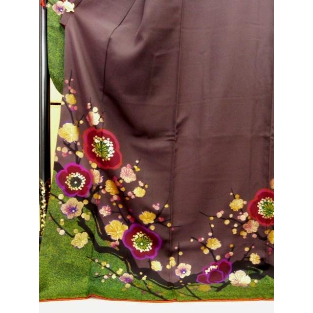 振袖 正絹 試着品 茶 裾抹茶たたき 枝梅 金箔 着丈177cm 裄69cm