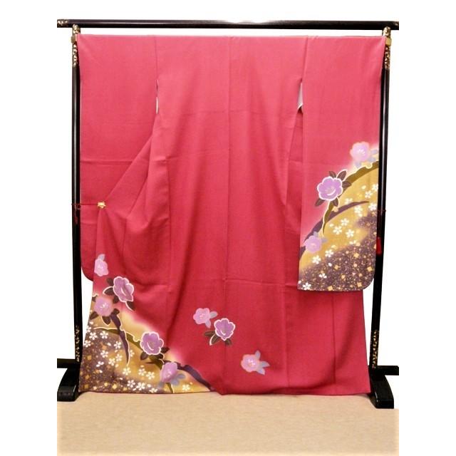 振袖 正絹 試着品 ローズピンク 梅と桜 露芝 金箔 着丈177cm 裄69cm 仕立上り 418 送料無料