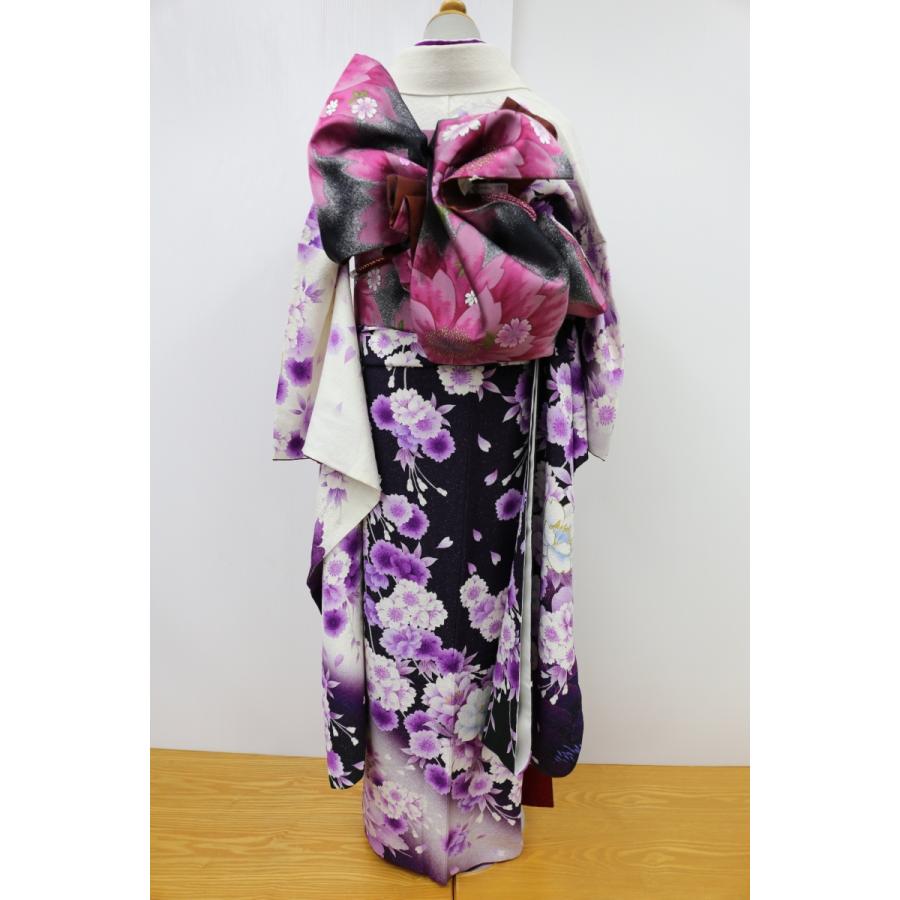 振袖 正絹 訳有 試着品 白地に紫のボカシ 花柄 着丈158cm 裄66cm 仕立 