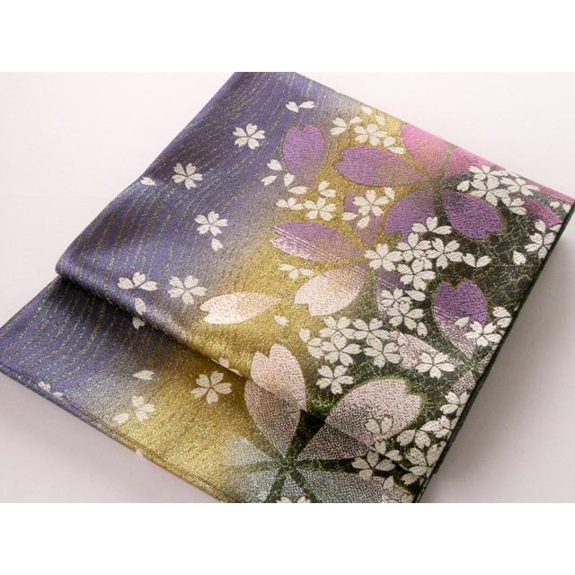【中古】正絹袋帯 仕立上り 紫 桜 016 fso