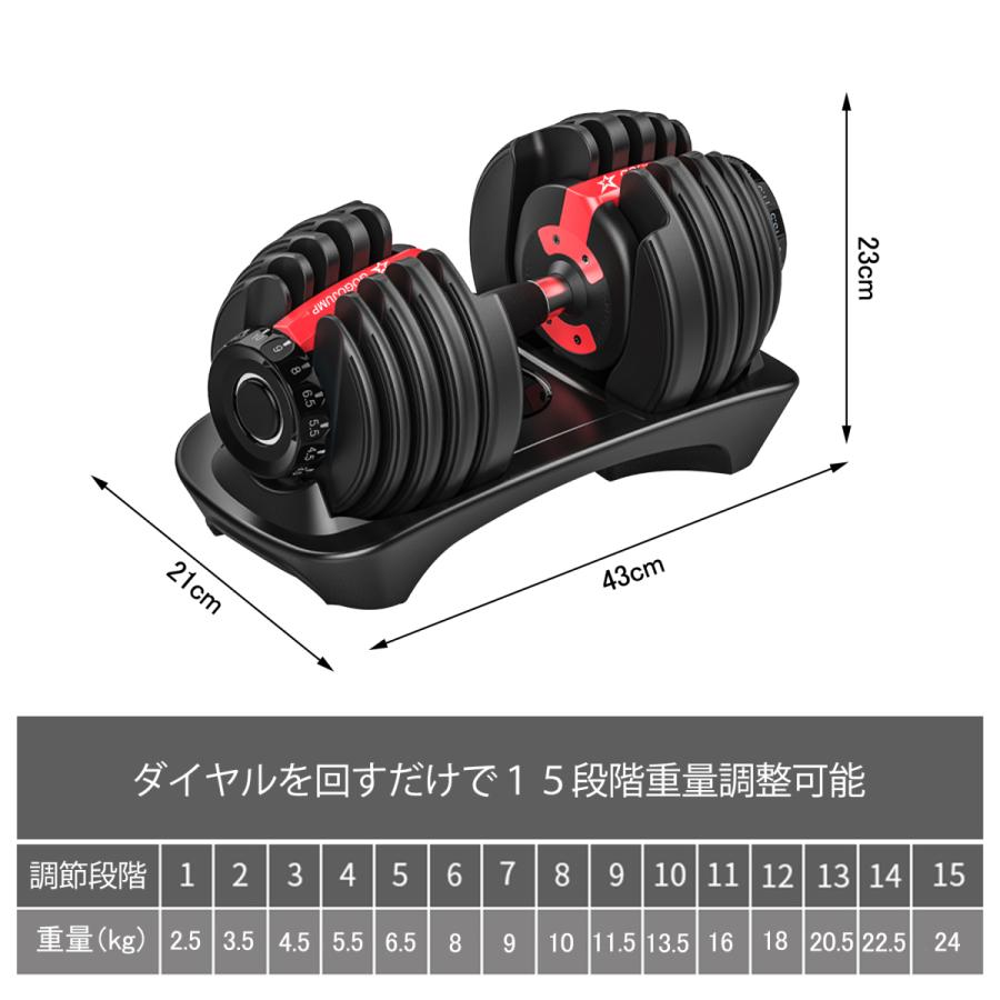 ダンベル 可変式 2.5kg 〜 24kg 15段階調節可能 アジャスタブル 自宅 本格なジム ダンベル 筋トレ 筋トレグッズ 筋トレ器具 体幹  トレーニング 日本語取扱書付き