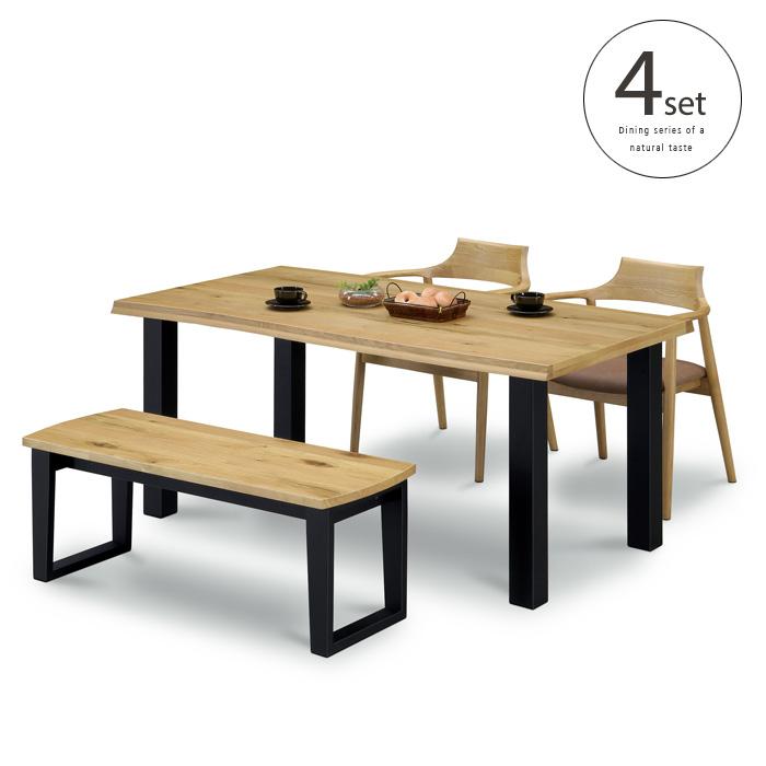 ダイニングテーブルセット ベンチ 4点 155 ナチュラル 4本脚 木製 天然