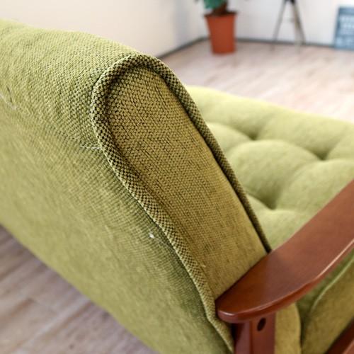 アンティーク風 三人掛けソファー ファブリック グリーン 北欧風 木肘