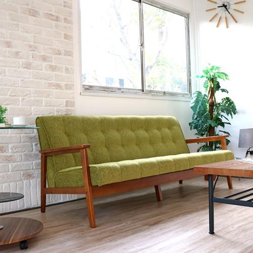 アンティーク風 三人掛けソファー ファブリック グリーン 北欧風 木肘