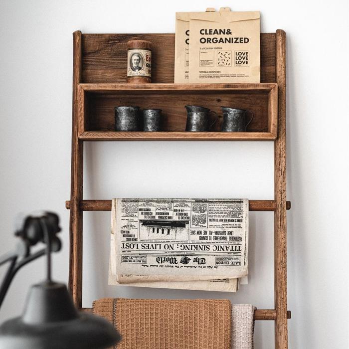 シェルフ 無垢 古木 古材 木製 ラック 北欧 棚 おしゃれ オープンラック 壁面 スリム リサイクルパイン材 ユーズド感 アンティーク風 ヴィンテージ風 オープンシェルフ ラダーラック ラダーシェルフ Gkw 卓越
