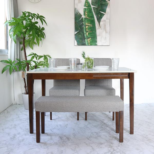 伸長式 ダイニングテーブルセット 4人掛け ホワイト天板 4点 ベンチ