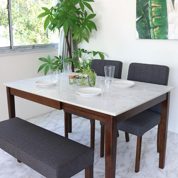 伸長式 ダイニングテーブルセット 4人掛け ホワイト天板 4点 ベンチ