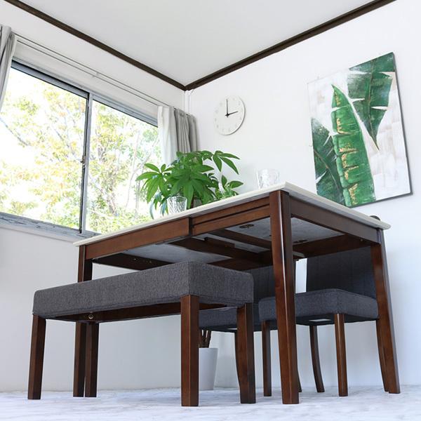 伸長式 ダイニングテーブルセット 4人掛け ホワイト天板 4点 ベンチ