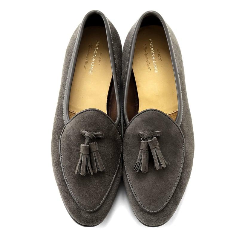 ボードインアンドランジ BAUDOIN & LANGE ／国内正規品／ カーフスエードタッセルローファー「SAGAN CLASSIC TASSELS」（BARK GREY／バークグレー）の画像
