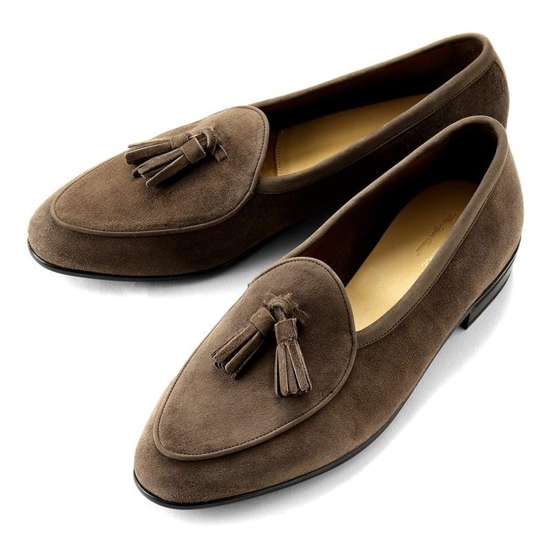 ボードインアンドランジ BAUDOIN & LANGE ／国内正規品／ カーフスエードタッセルローファー「SAGAN CLASSIC TASSELS」（DEEP TAUPE／ディープトープ）の画像