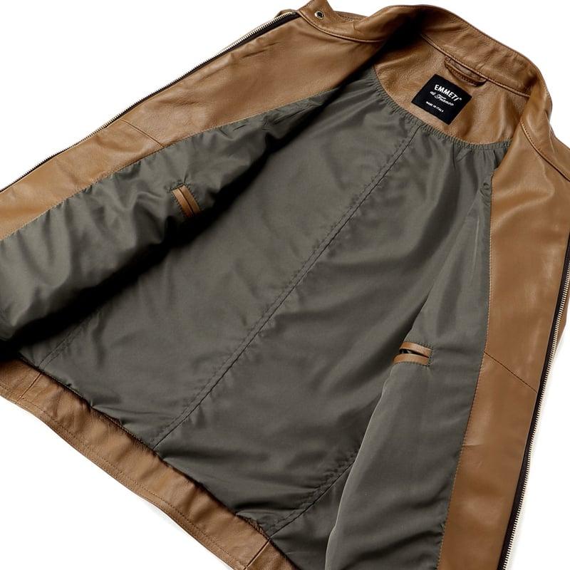 エンメティ EMMETI ／国内正規品／ 数量限定 軽量ラムナッパレザーシングルライダースジャケット「JURI GOLD」（BRUNO／ライトブラウン）の画像