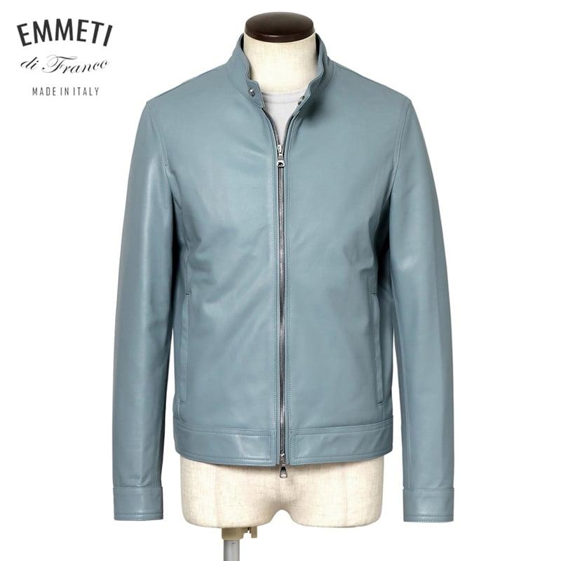 エンメティ EMMETI ／国内正規品／ 数量限定ラムナッパレザーシングルライダースジャケット「JURI」（CARTA ZUCCHERO／エアリーブルー）