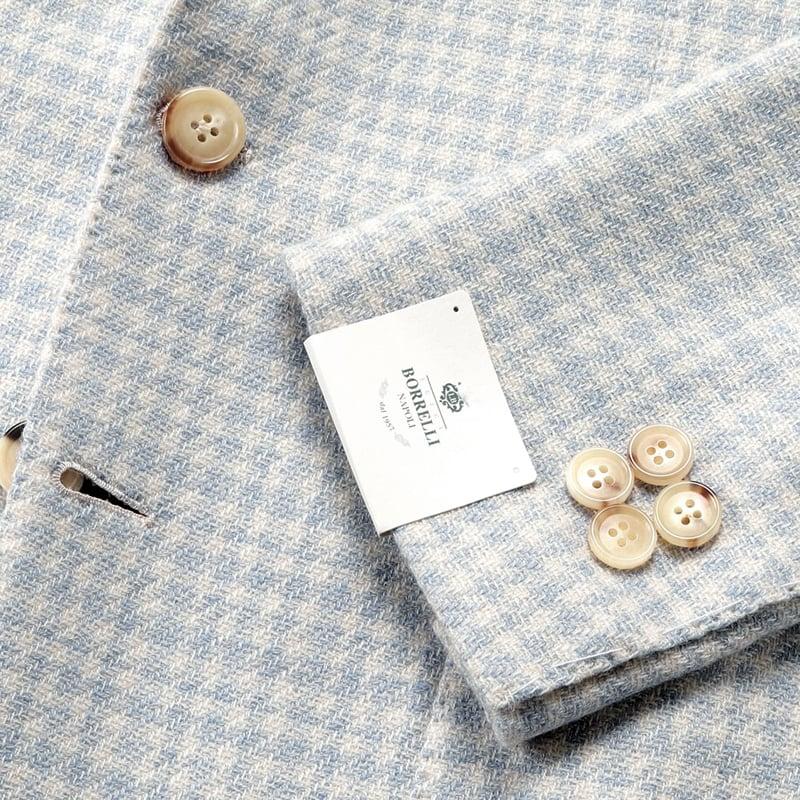 【SALE】ルイジボレッリ LUIGI BORRELLI ／ 24-25AW ウールシルクライトツイード千鳥格子3Bジャケット「PROCIDA」（サックス×ホワイト）の画像