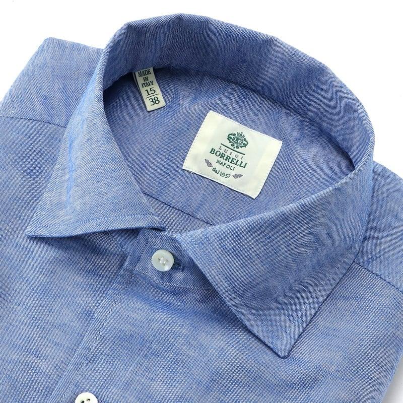 ルイジボレッリ LUIGI BORRELLI ／ 26SS コットンリネンイタリアンカラードレスシャツ「NISIDA（SR11003）」（ブルー）の画像
