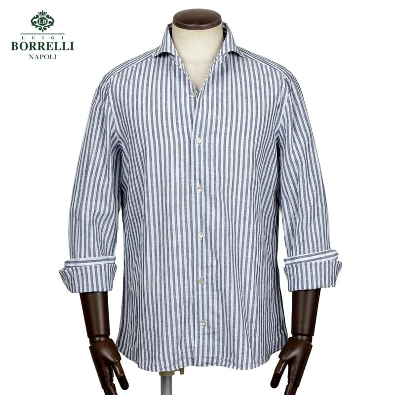 ルイジボレッリ LUIGI BORRELLI ／ 26SS リネンコットンポプリンストライプイタリアンカラーカジュアルシャツ「VESUVIO-EX（LT11005）」（ネイビー×ホワイト）