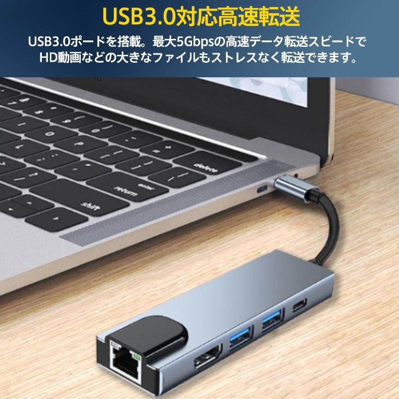 USBハブ 5in1 ドッキングステーション 5ポート PD充電 有線LAN 4K HDMI ギガポート LANポート イーサネット 変換アダプター｜ikisuru-st｜03