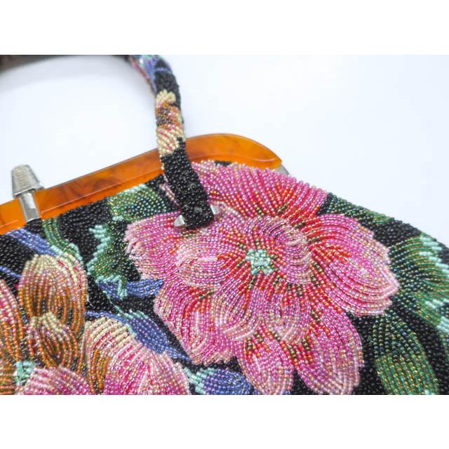 京都一輝堂》【着物】 和装小物 アンティーク ビーズバッグ 花柄 手