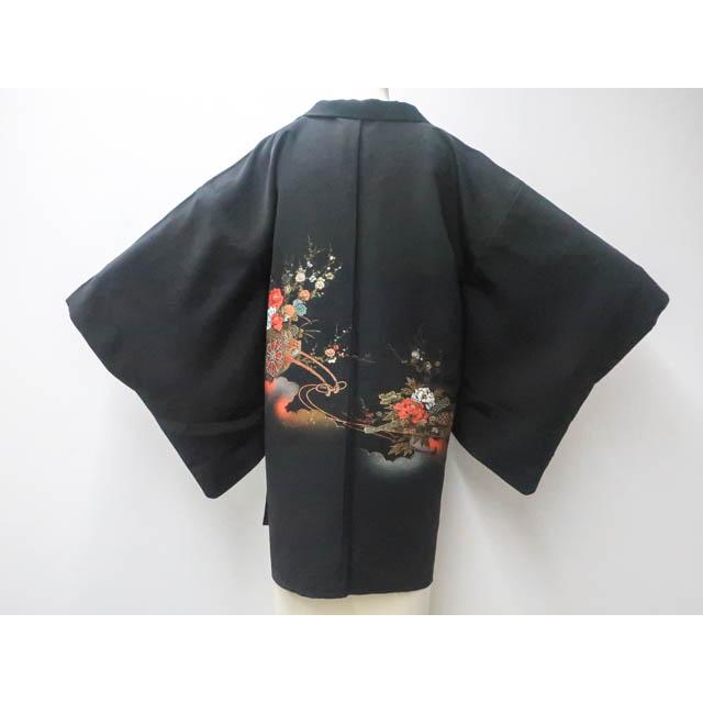 京都一輝堂》【着物】黒羽織 絵羽柄 花車花扇子文 金糸 羽織紐付き 