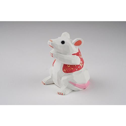 干支置物「子」ねずみ（白）大サイズ/奈良一刀彫/楠/人形/白/ネズミ