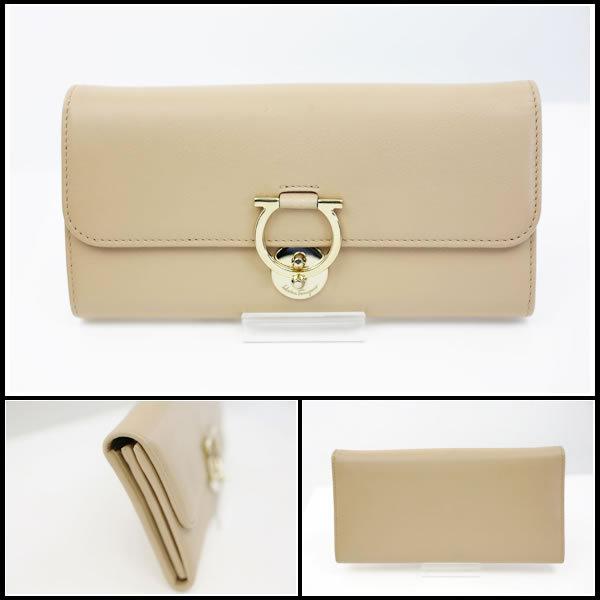 イコー質店　フェラガモ　★人気デザイン　ガンチーニ　二つ折り長財布　22D182　ベージュレザー　美品　RY5736 | FERRAGAMO | 01