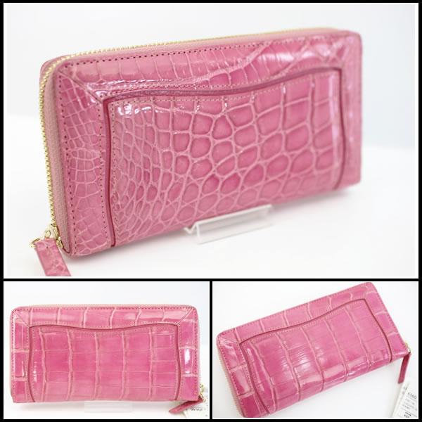 イコー質店　クロコダイル　★極上品　ヘンローン社製レザー　ラウンドファスナー長財布　ピンクカラー　未使用・保管品　RY7000 |  | 03