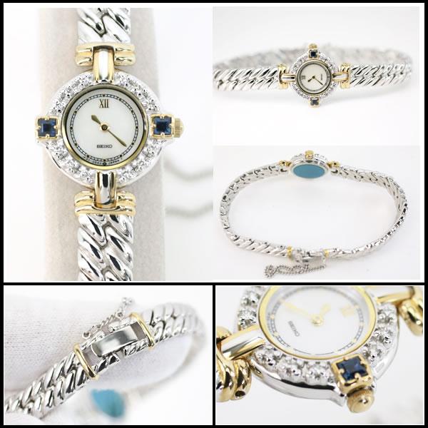 イコー質店　セイコー　★希少　美品　エクセリーヌ　1F20-0B60　ダイヤ×サファイアベゼル　シェルダイヤル　レディース　RY7631 | SEIKO | 01