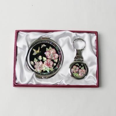 手鏡 キーホルダー 2点セット 螺鈿ラデン商品 ピンク花模様 韓国お土産 プレゼント
