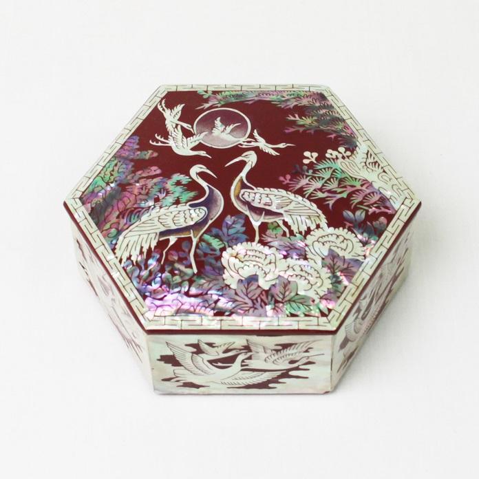 小物入れ 螺鈿ラデン商品 二羽の鶴風景 宝石箱レッド（小）宝箱 