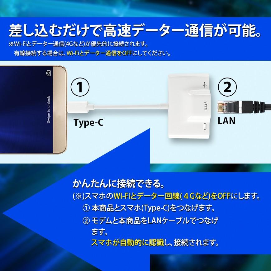 Type-C 有線LANアダプター ケーブル Wi-Fi より 有線接続 スマホ ゲーム 荒野行動 高速 遅延を防ぐ 同時 充電 可能 コネックC 送料無料｜illumi｜02