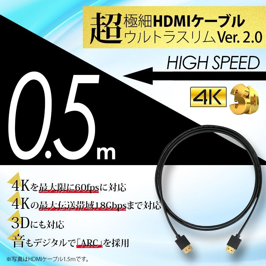 HDMIケーブル スーパーウルトラスリム 0.5m 50cm 極細 ケーブル直径約3mm Ver2.0 4K 60Hz 任天堂switch PS4 XboxOne 送料無料｜illumi｜02