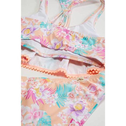 海外製 Hobie Kids 女の子用 スポーツ・アウトドア用品 キッズ 子供用水着 Island Hopping Flounce Bralette and Hipster (Big Kids) - Neon Orange Washed