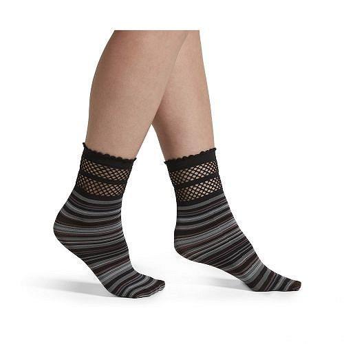HUE ヒュー レディース 女性用 ファッション ソックス 靴下 Womens Fashion Shortie Anklet Socks, Assorted - Black - Net Stripe ルームソックス