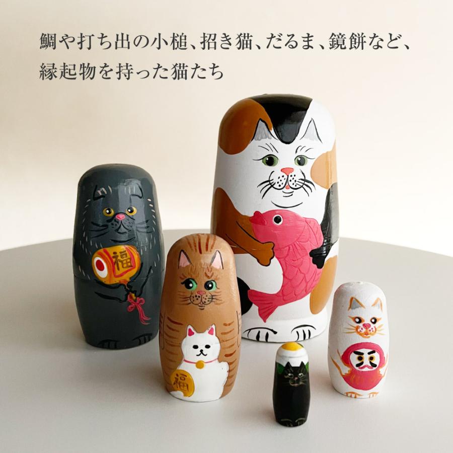 Creer 猫 マトリョーシカ 木製 お正月 縁起物 だるま 招き猫 鯛 手描き