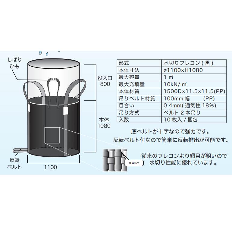 水切り フレコン 1トン 10枚 黒色メッシュ 耐候剤配合 土のう 土嚢 コンテナバッグ フレコンバッグ トン袋 トンパック 1t 1ton｜imadoyaonabeta｜03