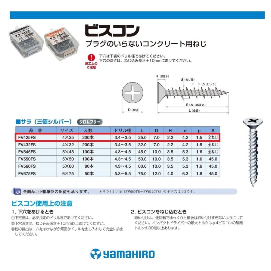ヤマヒロ ビスコン サラ 4×25mm 三価シルバー 200本入 FV425FS