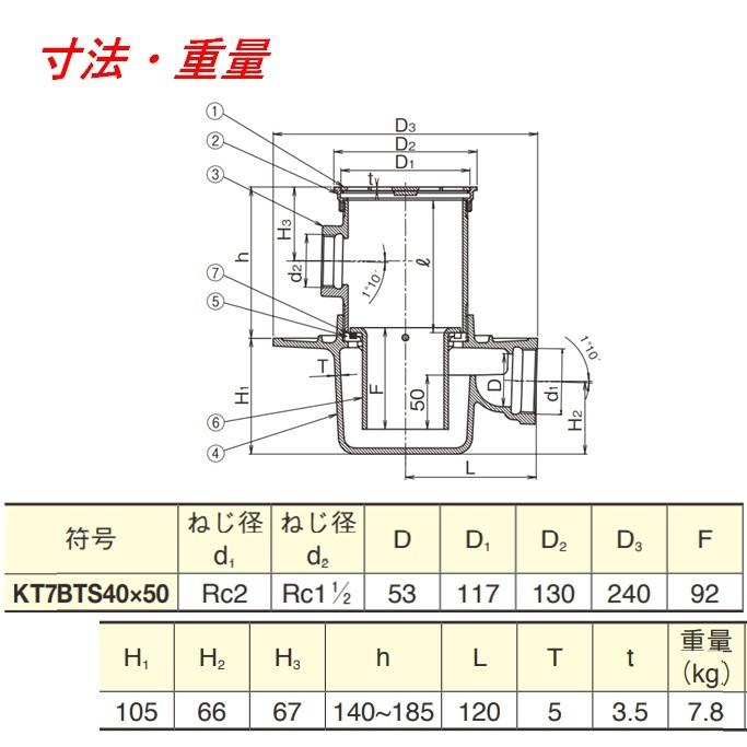 伊藤鉄工 KT7BTS 40×50 横型床排水トラップ バス兼用型 サイズ40×50
