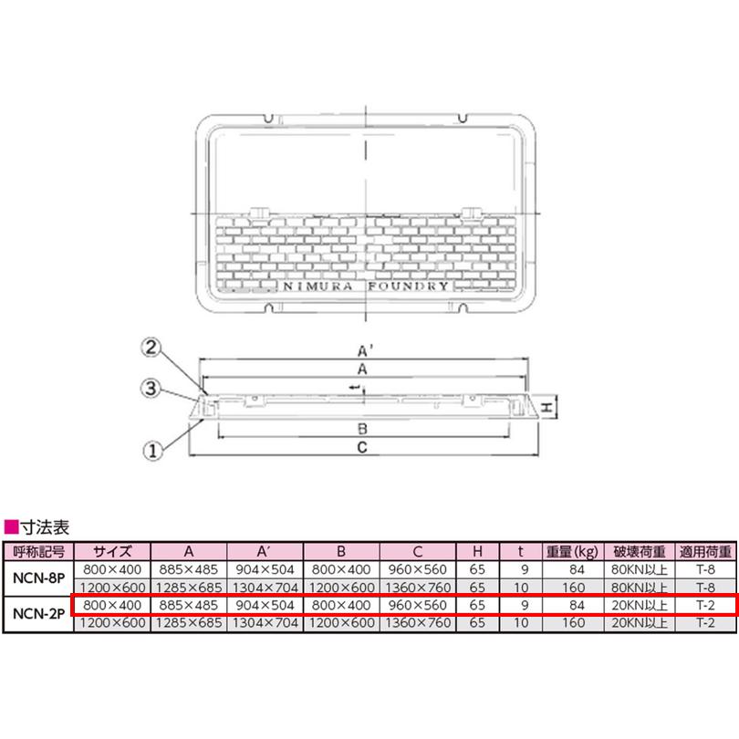 ハンドホール　鉄蓋　800×400mm　マンホール　T-2　ニムラ　送料無料　ブロックハンドホール　簡易密閉型　鋳鉄製　鋳物