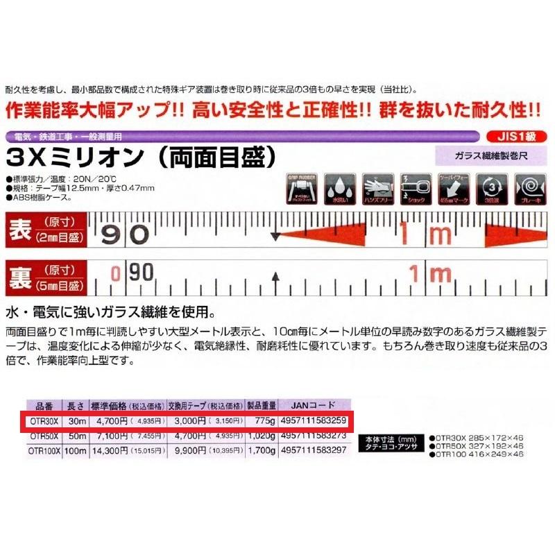 ヤマヨ測定機 サンエックスミリオン ガラス繊維巻尺 30m OTR30X