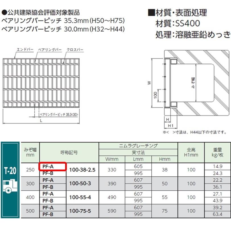 側溝 グレーチング 溝幅250mm T20 かさ上げ溝蓋 一般型 普通目 圧接式