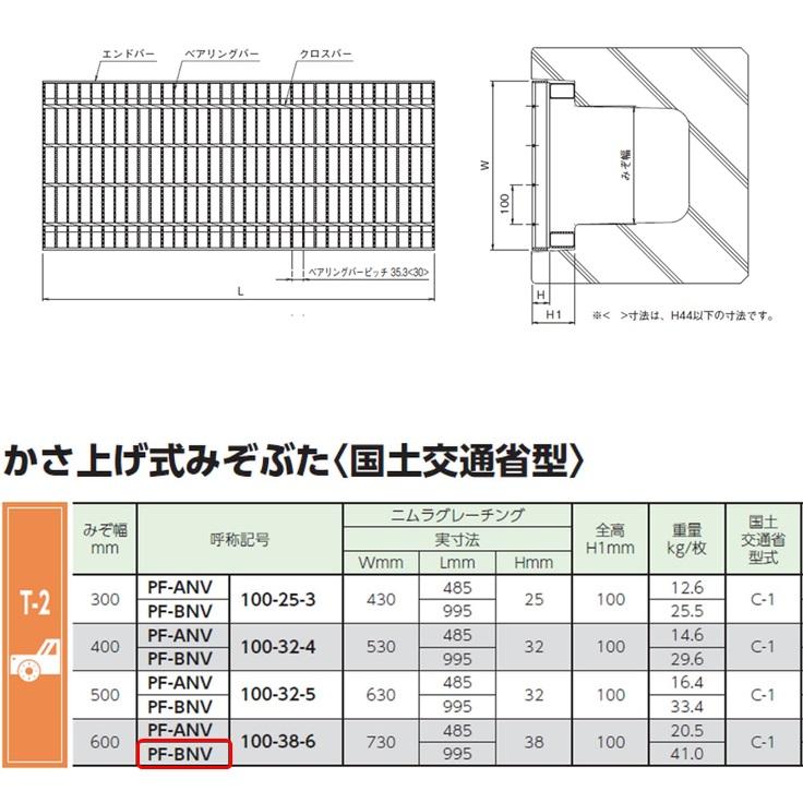 側溝　グレーチング　溝幅600mm　かさ上げ溝蓋　T2　普通目　圧接式　100mm高　国土交通省型　995mm長　ニムラ　嵩上げ　スベリ止め　溝蓋　みぞぶた