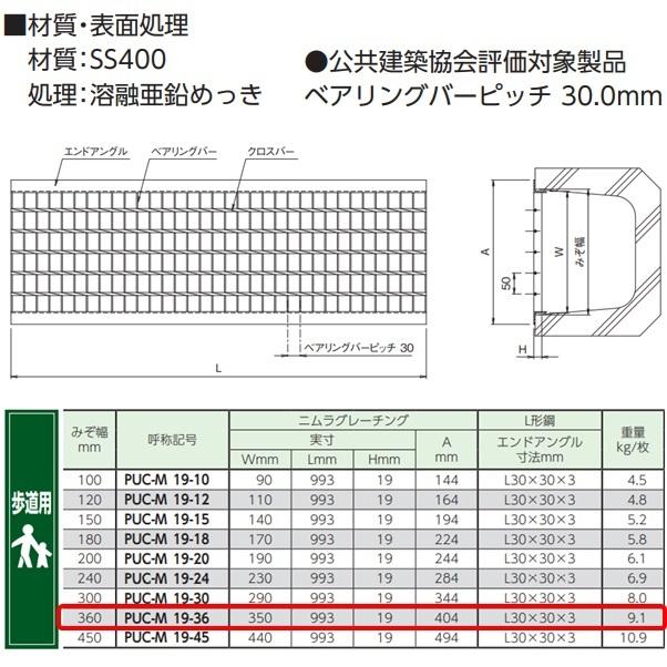 U字溝 グレーチング 溝幅360mm 歩道用 一般型 普通目 圧接式 溝蓋
