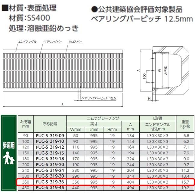 U字溝 グレーチング 溝幅360mm 歩道用 一般型 細目 圧接式 溝蓋 ニムラ
