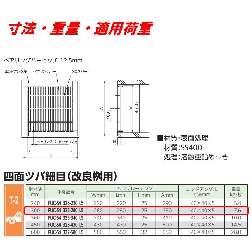 グレーチング 蓋 改良桝300用 細目 T-2 圧接式 ４面ツバ 改良マス 角